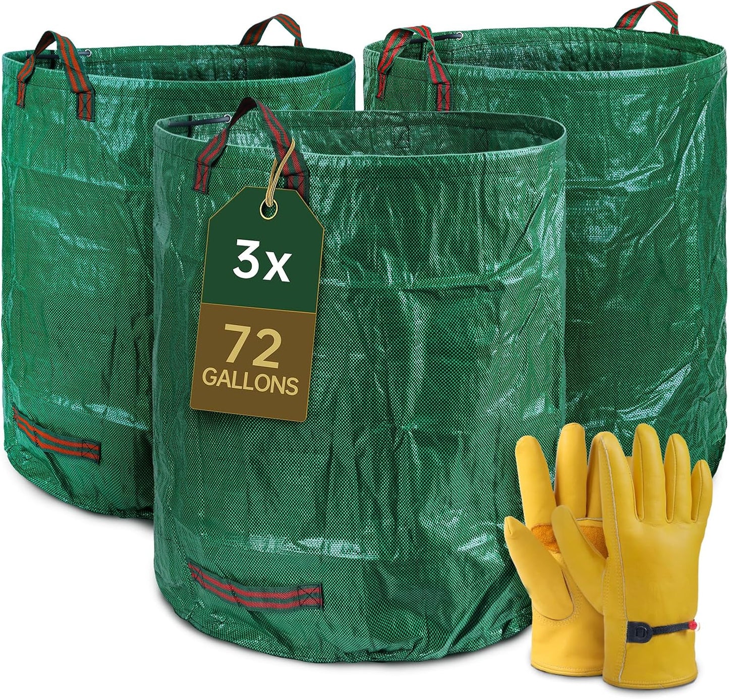 3-Pack 72 Gallon Self-Standing Yard Waste Bags with Cowhide Gloves — Heavy-Duty 150 GSM Woven PE, Double-Layer Reinforced Bottom, Four Handles, Reusable Leaf Bags for Lawn & Garden