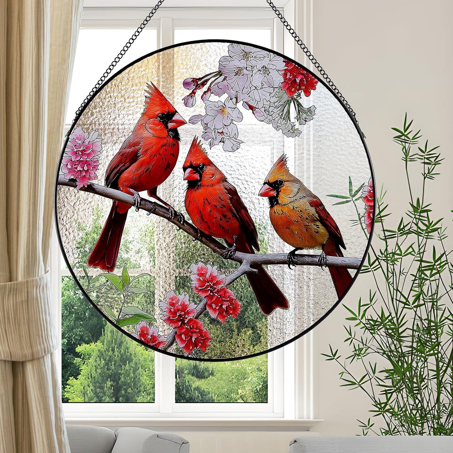 Large Cardinal Stained Glass Suncatcher,Stained Glass Decor with Metal Chain,Butterfly Suncatcher for Window Hanging (Cardinal_03)
