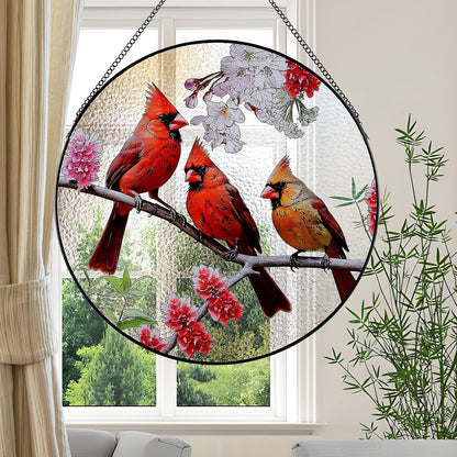 Large Cardinal Stained Glass Suncatcher,Stained Glass Decor with Metal Chain,Butterfly Suncatcher for Window Hanging (Cardinal_03)