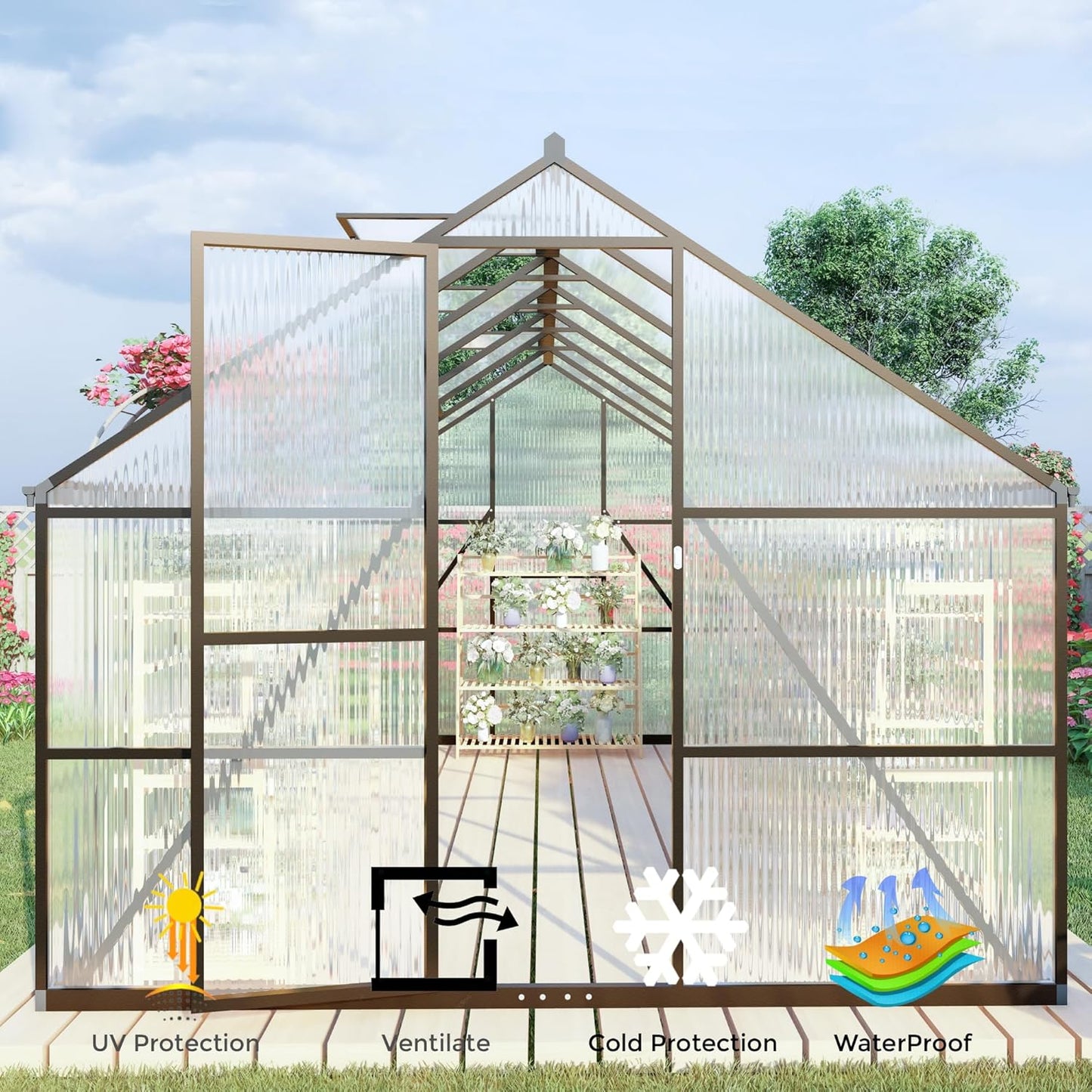 CQZY 8x12 FT Greenhouse for Outdoors, Polycarbonate Greenhouse with Quick Setup Structure and Roof Vent, Aluminum Large Walk-in Green House for Outside Garden Backyard, Dark Gray