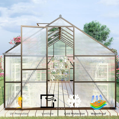 CQZY 8x14 FT Greenhouse for Outdoors, Polycarbonate Greenhouse with Quick Setup Structure and Roof Vent, Aluminum Large Walk-in Green House for Outside Garden Backyard, Dark Gray