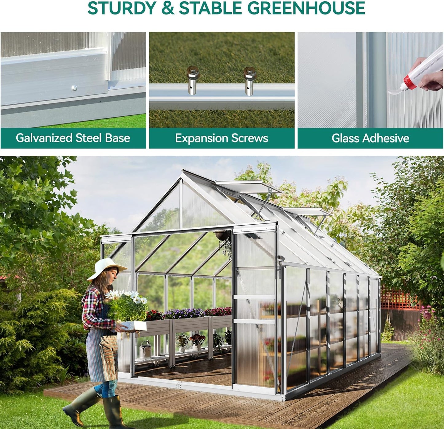 YITAHOME 12x8FT Polycarbonate Greenhouse Large Heavy Duty Green Houses Outdoor Aluminum Greenhouses with Sliding Doors Vent Window Walk-in Greenhouse for Garden Backyard, Silver