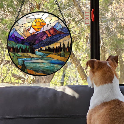 Stained Glass Window Hanging, Blue Lake Golden Sun Abstract Mountains Landscape Suncatcher for Doors Window Home Sun Catchers Decor Mother's Day Birthday Gifts for Women Men Mom 7.8 in