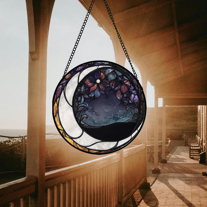 Stained Glass Window Hanging - Black and White Moon Sun Catcher for Door Terrace Garden Home Decor, Abstract Plant Flower Suncatcher Birthday Gifts for Lovers Women Men Dad Mom Nana 11.8 in