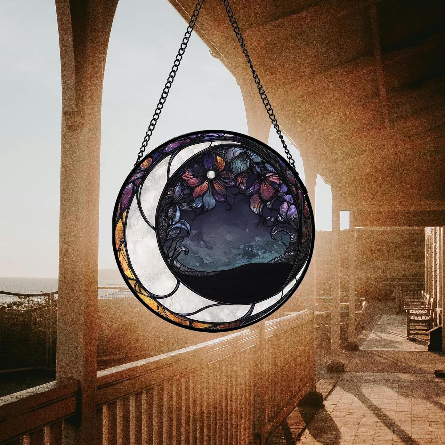 Stained Glass Window Hanging - Black and White Moon Sun Catcher for Door Terrace Garden Home Decor, Abstract Plant Flower Suncatcher Birthday Gifts for Lovers Women Men Dad Mom Nana 15 in