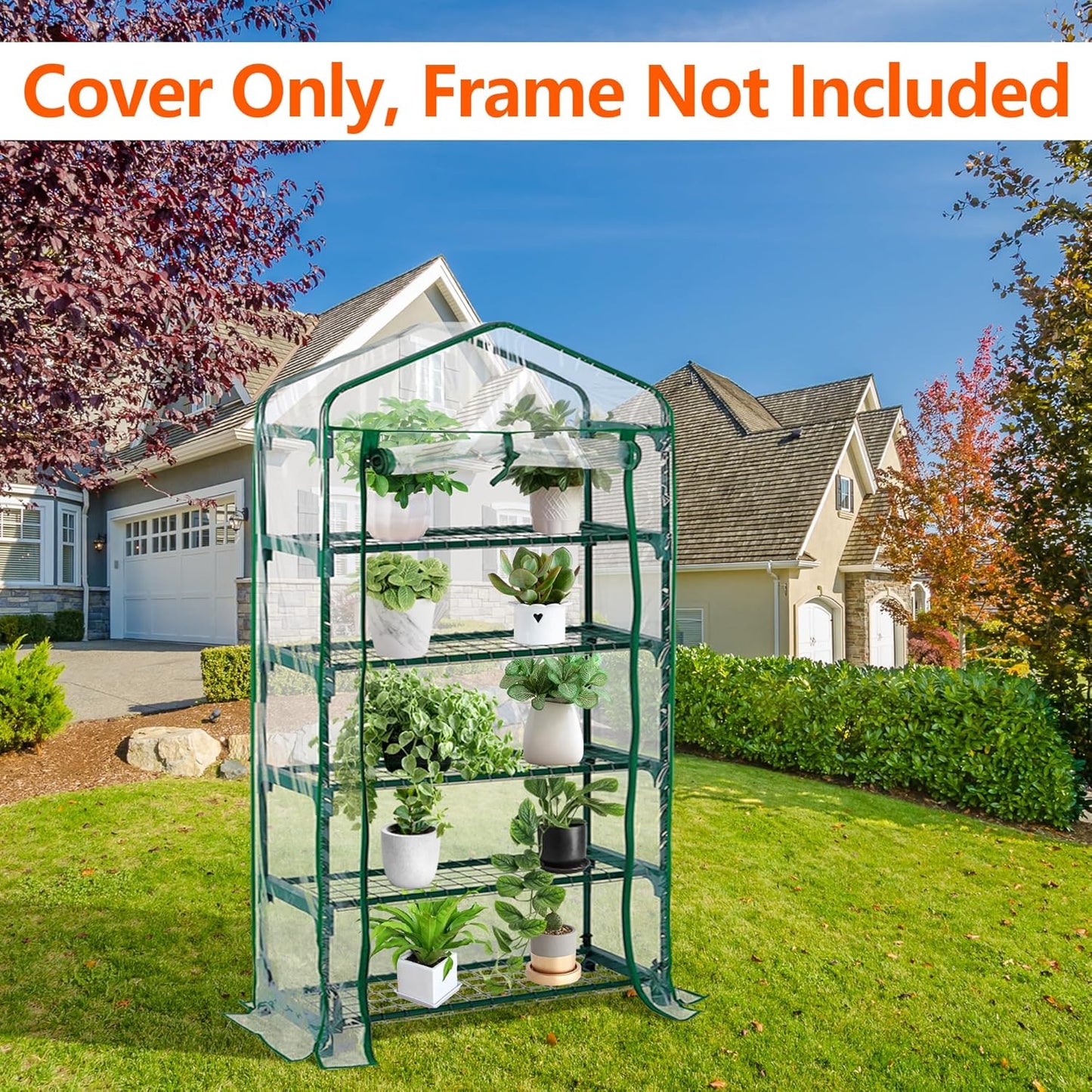 DECOHS Extra Wide 5 Tier Greenhouse Replacement Cover- 75 x 40 x 19 Inch Clear PVC Plant Gardening Greenhouse Cover with Roll-Up Zipper Door for Gardening Plants Flowers (Frame Not Include)