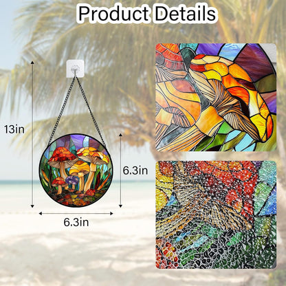 Stained Glass Window Hanging, Jungle Mushrooms Sun Catchers Diamond Glass Panel Hangings Plant Suncatcher Decor for Birthday for Women,Men, Wife, Aunt,and Mom 6.3X6.3 in