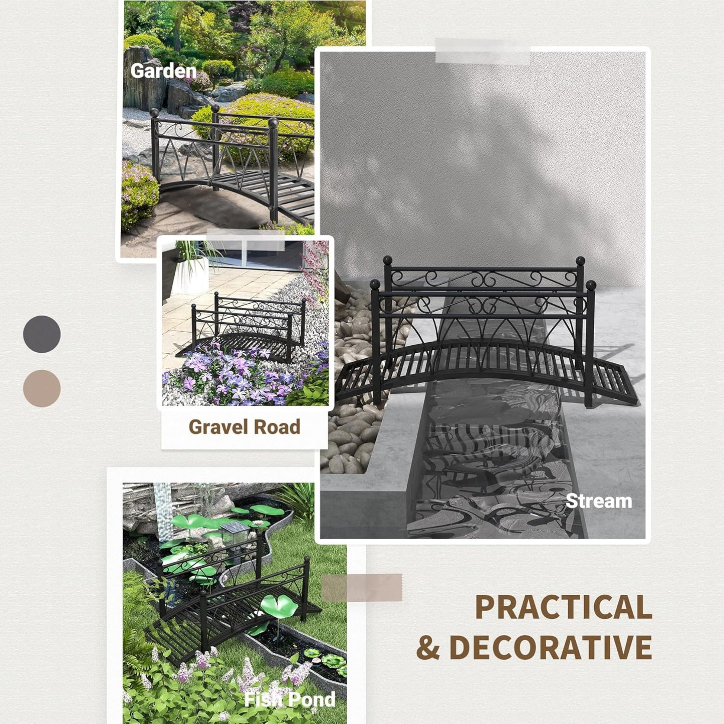 Outsunny 3.3' Metal Arch Zen Garden Bridge with Safety Siderails, Decorative Footbridge, Delicate Scrollwork & Corner Spheres for Stream, Fish Pond, Black