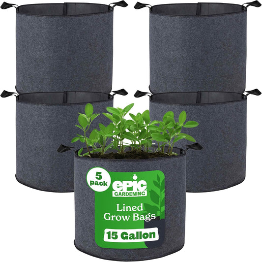 Epic Gardening 5 Pack 15 Gallon Grow Bags with Handles (Lined) - Heavy Duty Fabric Pots for Vegetables, Herbs & Flowers - Breathable Cloth Planters for Indoor & Outdoor Gardening, Moisture Retaining