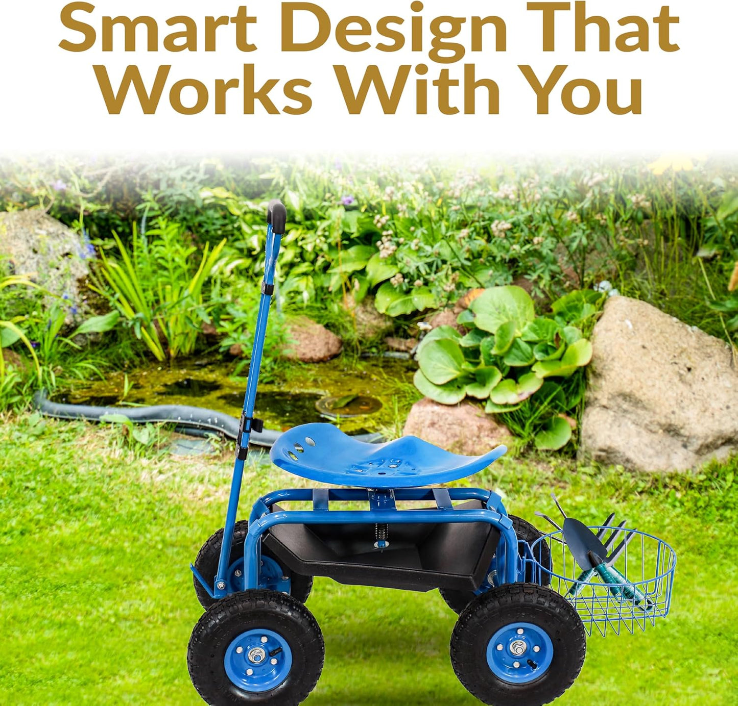 Sunnydaze Garden Cart with Wheels - Garden Stool on Wheels - Rolling Gardening Seat with Extendable Handle - Swivel Seat - Blue