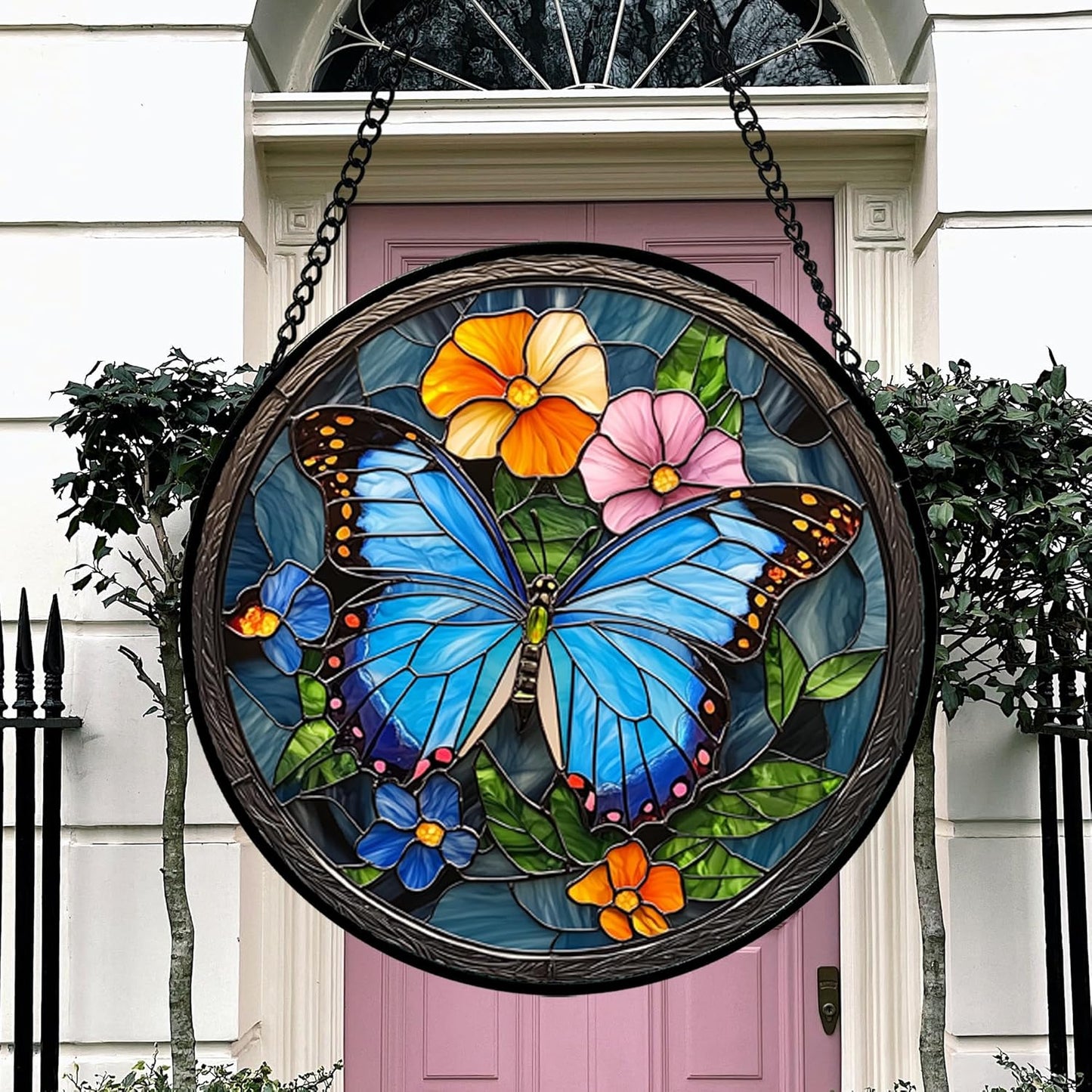 Stained Glass Window Hanging, Blue Butterfly Flower Suncatcher for Doors Home Sun Catchers Decoration and Christmas, Mother's Day Birthday Gifts for Women, Men, and Mom 14.9 in