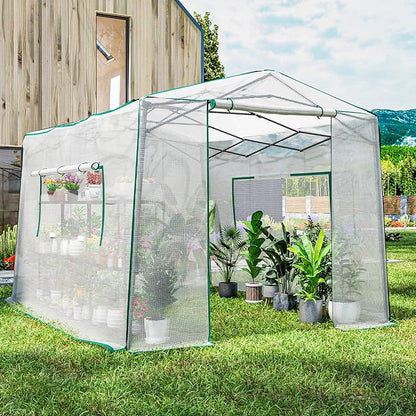 Joyside 12 x 8 FT Outdoor Pop up Greenhouse with Adjutable Reinforced Frame, Durable PE Cover and Mesh Windows, Portable Greenhouse for All Seasons, Easy Set Up (White, 12 x 8 FT)