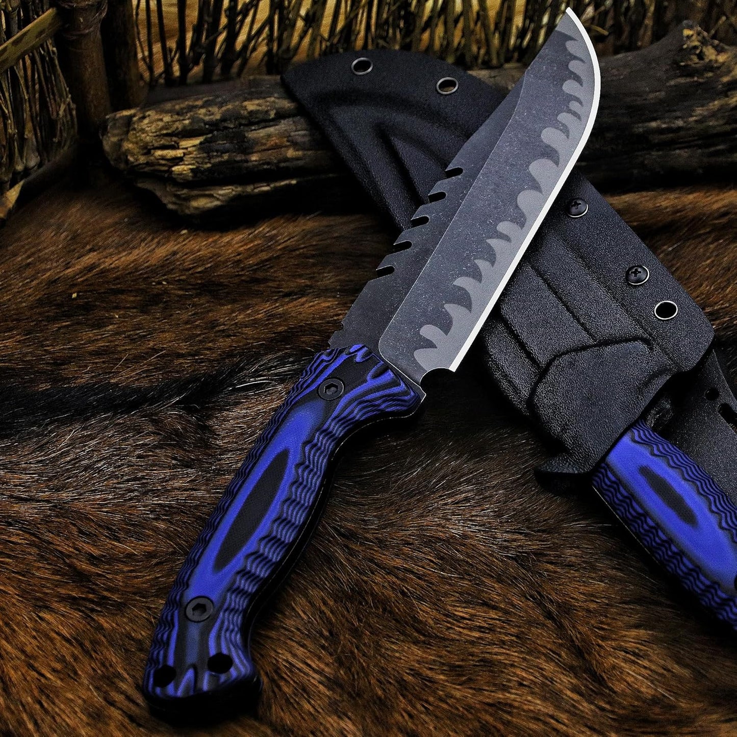BA-KOR 12.4in Full Tang Fixed Blade Hunting Knife – 6mm 9CR18MoV Steel, G10 Handle, Stonewashed Sawback Blade with Kydex Sheath & Fire Starter for Outdoor, Camping, Survival (Blue and black stripes)