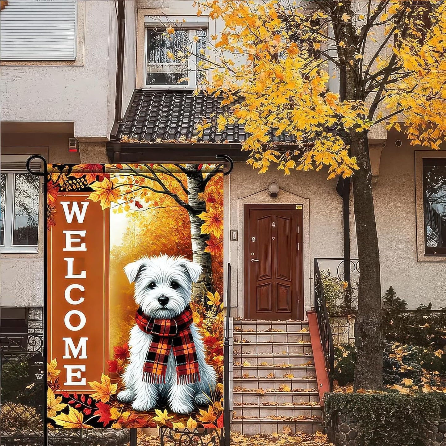 Thanksgiving Fall Garden Flag 12x18 Inch Welcome West Highland White Terrier Dog Outdoor Flag Double Sided Autumn Yard Banner with Plaid Scarf and Leaves Decor for Porch Lawn Patio