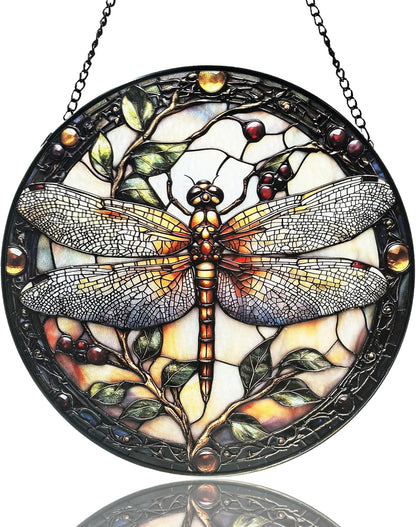 Stained Glass Window Hanging - Dragonfly Plant Suncatcher Ready to Hang Window Doors Home Decoration, 9.8 inch