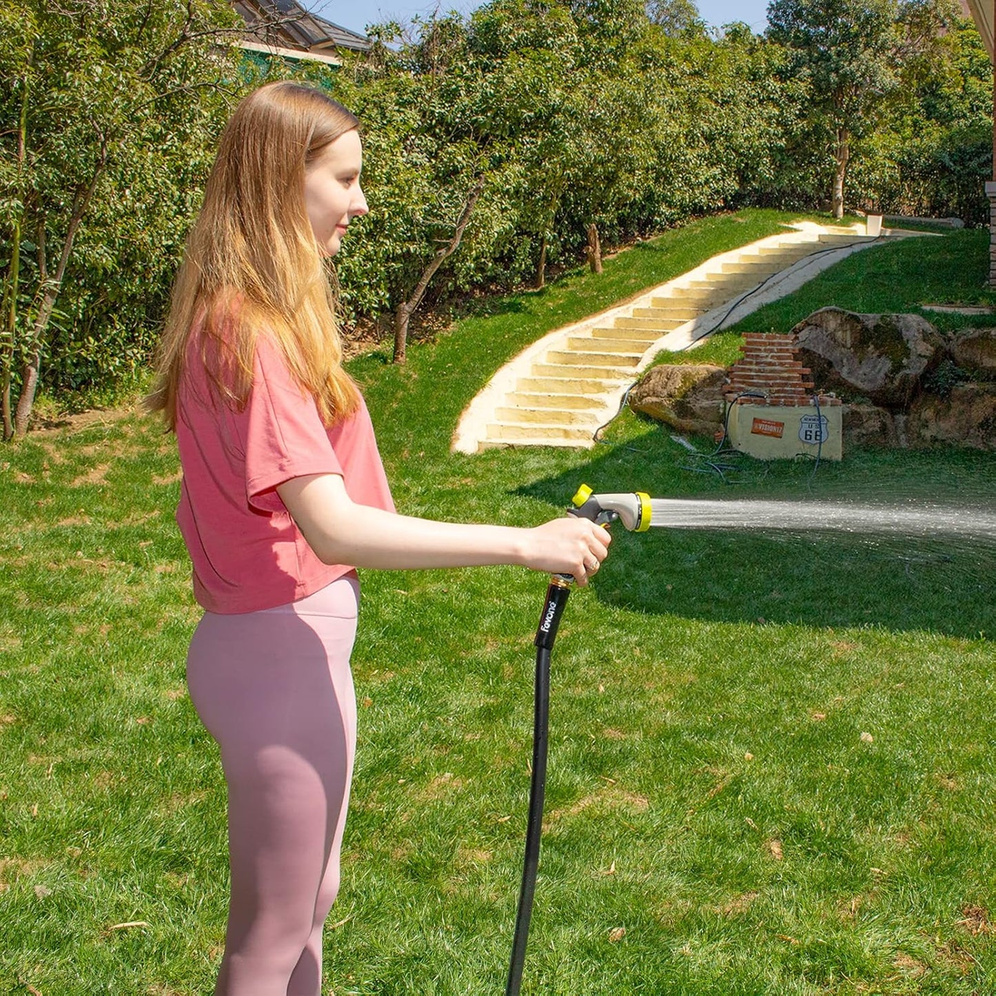 Fevone 100 ft x 5/8" Heavy Duty Garden Hose, Kink-Free Hybrid Polymer Water Hose, Lightweight Outdoor Hose with 3/4" Brass Fittings, Leak-Free Connection, All Weather Flexible