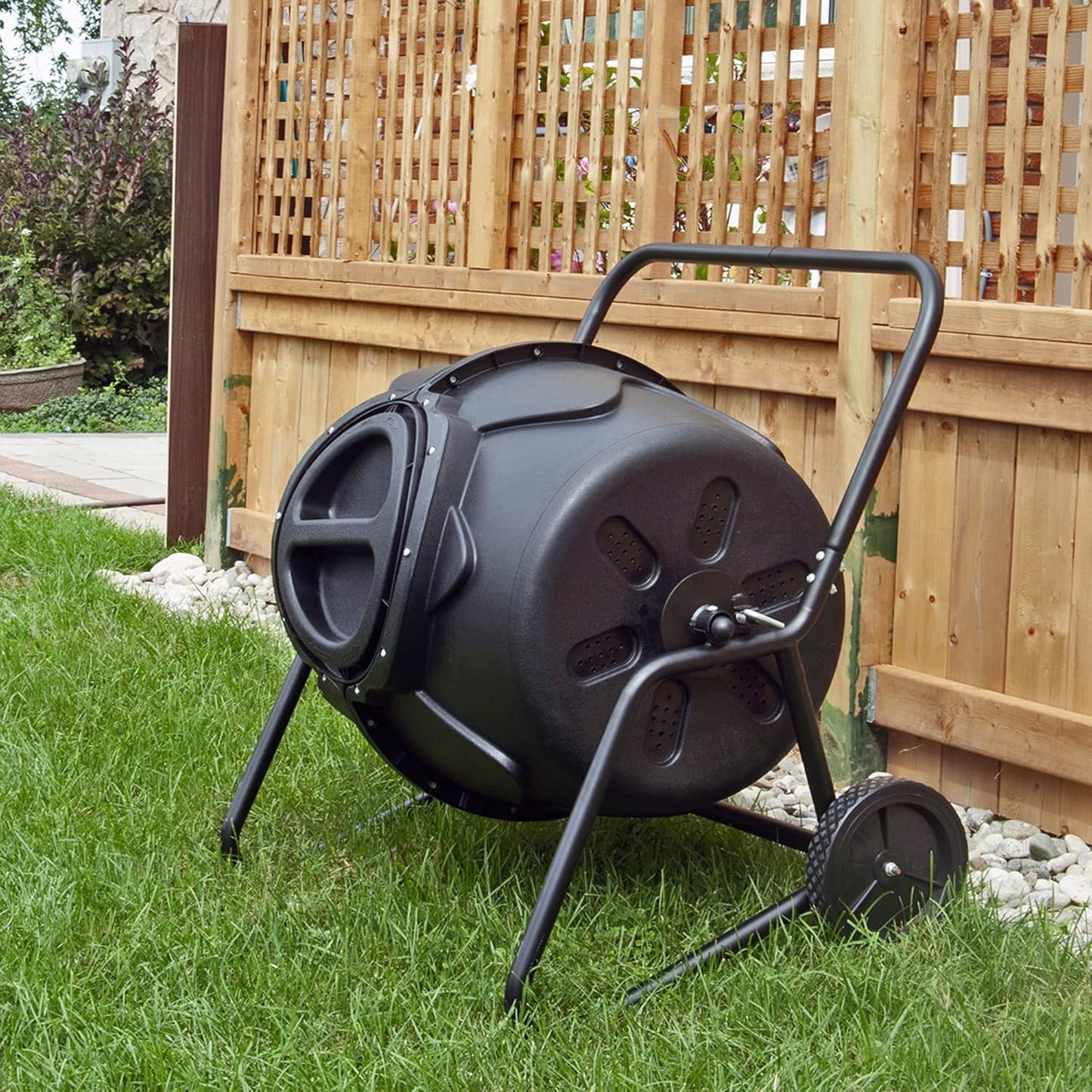 Koolscapes Wheeled Tumbling Composter – 50-Gallon Portable Eco-Friendly Rotating Bin BPA-Free Recycled Plastic with Sturdy Steel Frame & Twist-Lock Lid for Year-Round Composting
