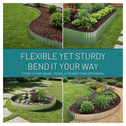 50FT Galvanized Steel Corrugated Metal Landscape Edging – Flexible & Rustproof Garden Edging Border, Decorative Metal Trim for Flower Beds, Lawn, Driveway, Walkway & Raised Beds