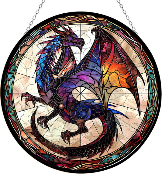 Dragon Stained Glass Suncatcher 4 Season Theme Colorful Leaves Window Wall Hanging Ornament