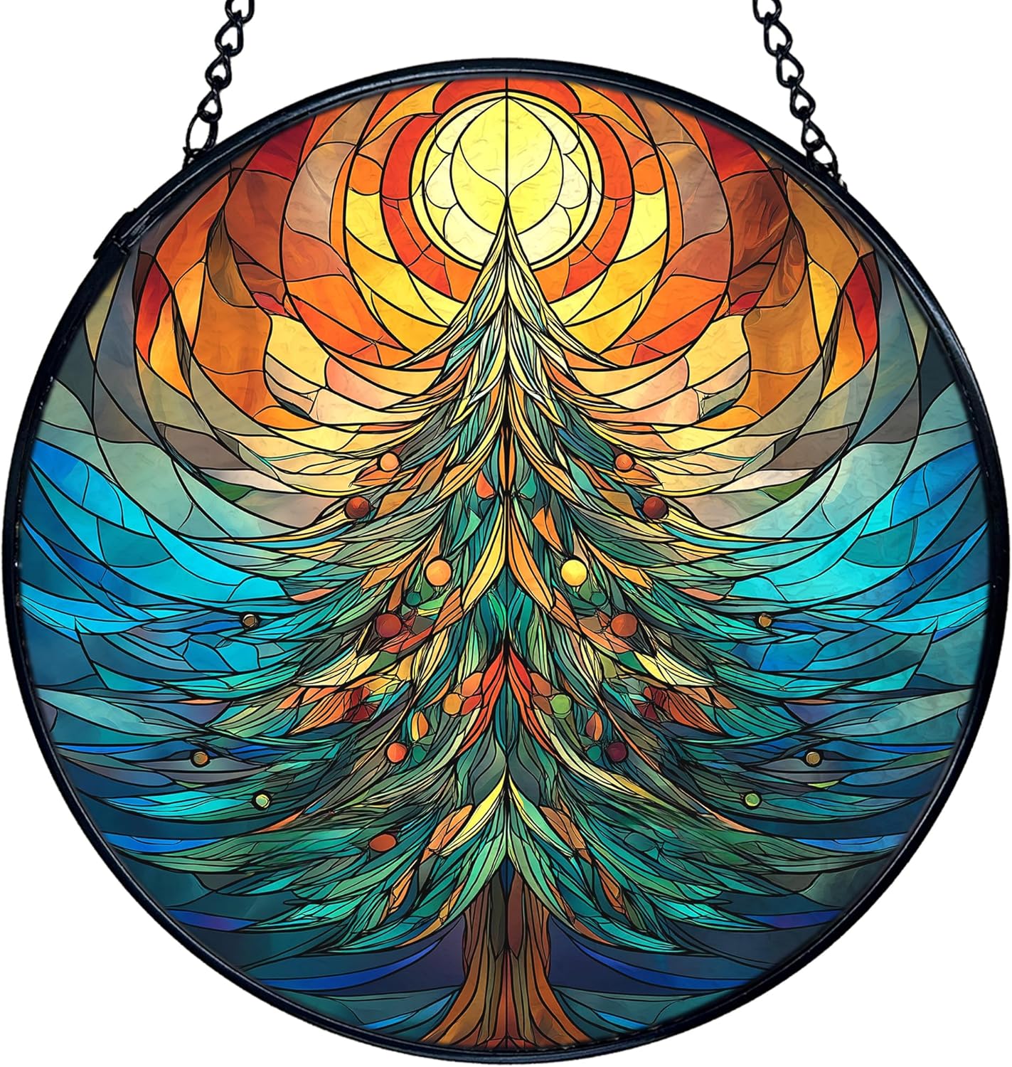 TNUW Christmas Tree Stained Glass Window Hanging, Rustic Winter Christmas Tree Sun Catchers Indoor Window Glass Round Wall Art Decor, Xmas Wall Hanging Decorations, 7.9＂x7.9＂