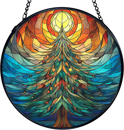 TNUW Christmas Tree Stained Glass Window Hanging, Rustic Winter Christmas Tree Sun Catchers Indoor Window Glass Round Wall Art Decor, Xmas Wall Hanging Decorations, 7.9＂x7.9＂