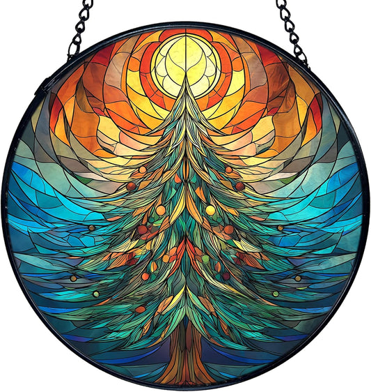 TNUW Christmas Tree Stained Glass Window Hanging, Rustic Winter Christmas Tree Sun Catchers Indoor Window Glass Round Wall Art Decor, Xmas Wall Hanging Decorations, 7.9＂x7.9＂