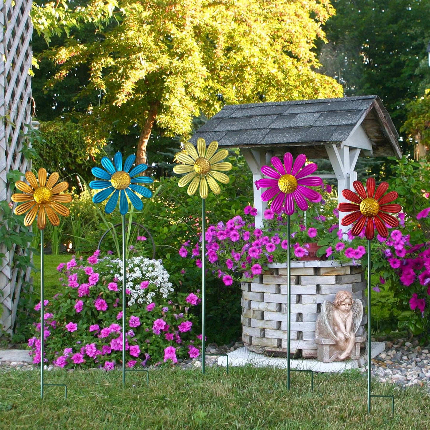 5pcs Wind Spinners Metal Colorful Flowers Garden Stake, Small Daisy Pinwheels, 27" Windmill for Yard Decor, Lawn Ornaments Outdoor Garden Décor, Metal Yard Art, Christmas Decoration Gift