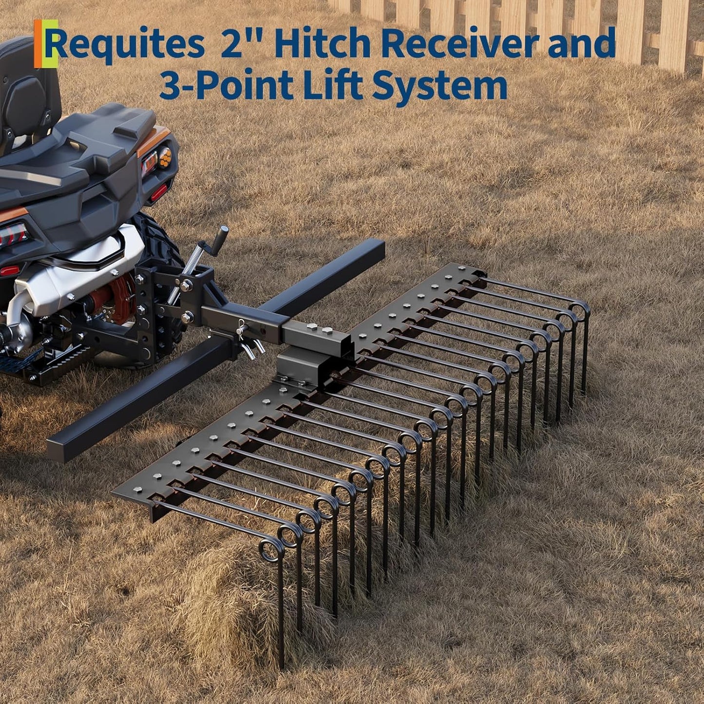 Tow Behind Landscape Rake, 60" Tow Dethatcher with 21 Steel Coil Tines, Lawn Dethatcher Rake Attaches to 48" or 60" Toolbars and 3-Point Suspension Systems, for Leaves, Pine Needles, and Grassn, Black