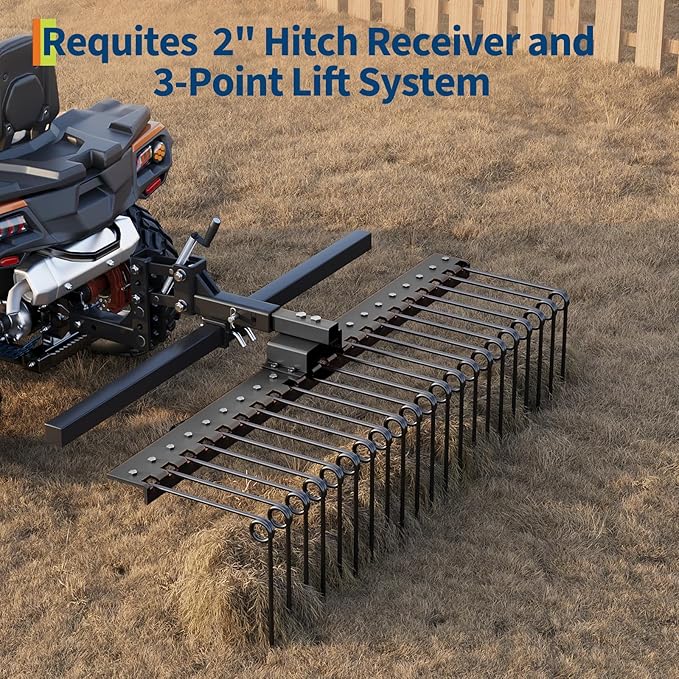 48 in Durable Pine Straw Rake Steel Spring Landscape Rake Fits 2 in Receiver for Lawn Tractors or ATV/UTV, Black