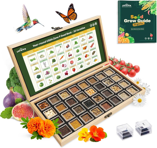 Lush&Dew Year-Round USDA Zone 9 Seed Bank, Gift for Mom Dad, 32 Varieties Non-GMO Heirloom Seeds of Vegetables Herbs, Gardening Gifts for Women Men, Survival Kit for Raised Garden Bed, Greenhouse
