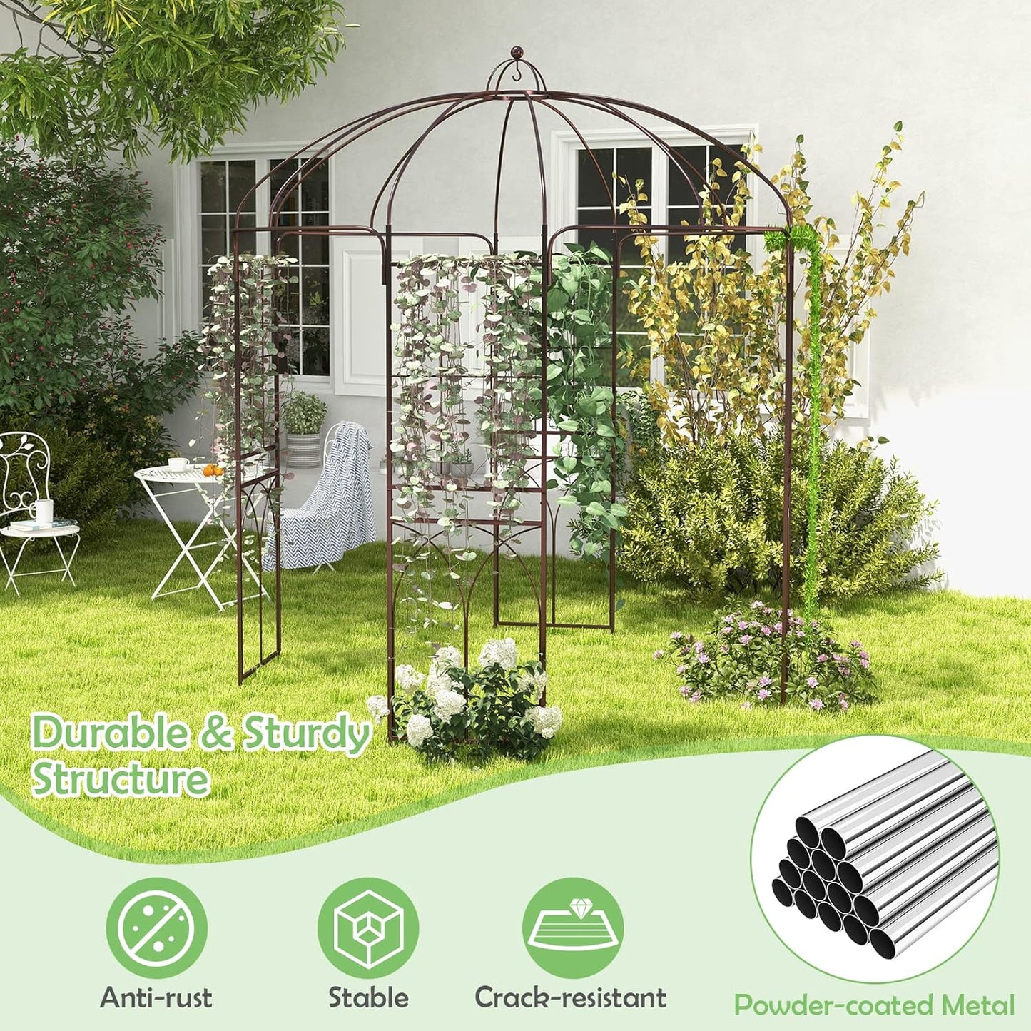 LDAILY Garden Arches Arbors Birdcage Shape, 8.4' H x 7' W Metal Pergola Pavilion with 16 Ground Stakes, French Arch Trellis for Wedding, Party & Outdoor Gardens Supports for Climbing Plants, Brown