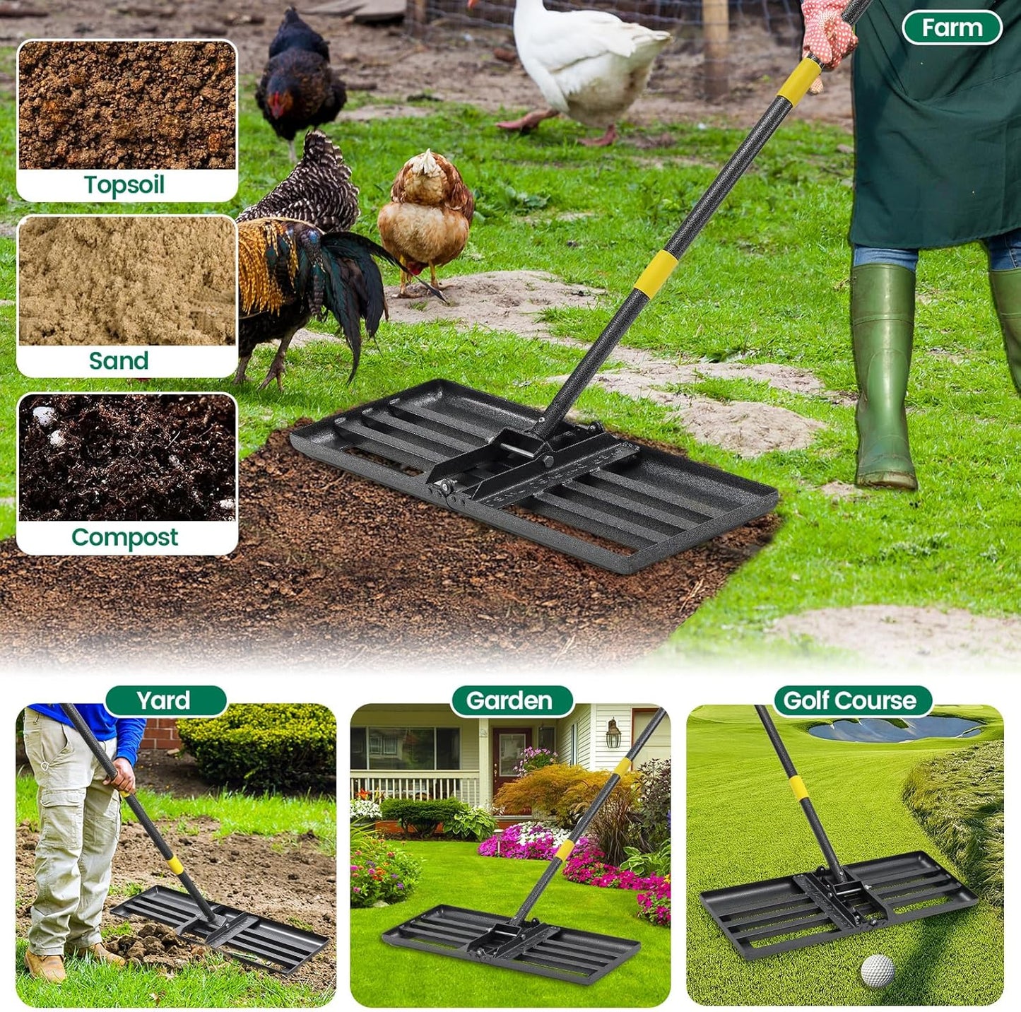 Lawn Leveling Rake, 30x10 Heavy Duty Leveler Tool for Yard, 5FT Garden Rakes for Lawns with Adjustable Handle, Foldable Leveling Rake for Soil Sand