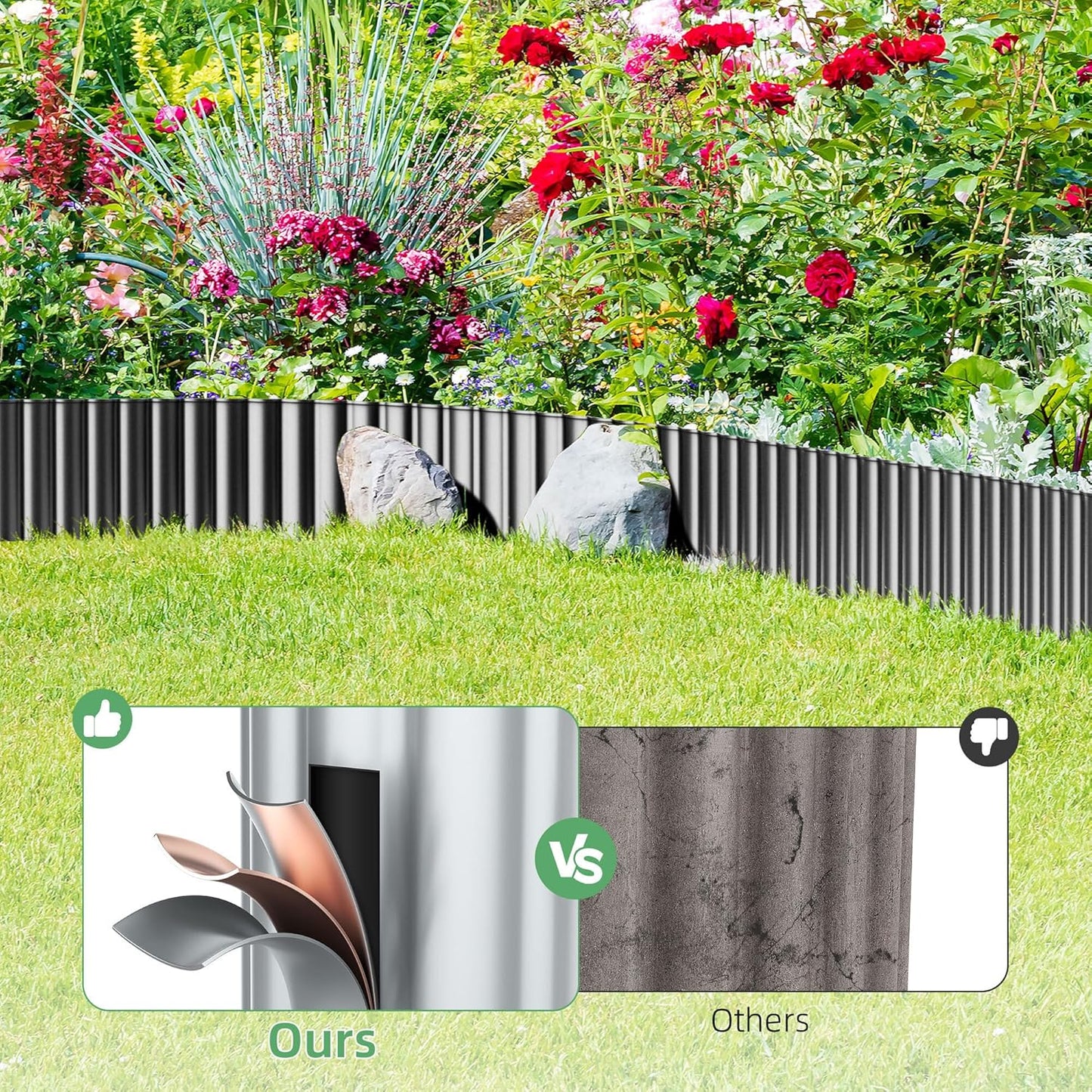 AHEONLAR Corrugated Metal Garden Edging, 5''×25Ft Steel Landscape Edging Border, Flower Bed Edging Borders, Metal Lawn Edging for Landscaping, Garden, Pathway, Lawn, Flower Bed, Garden Bed (Silver)