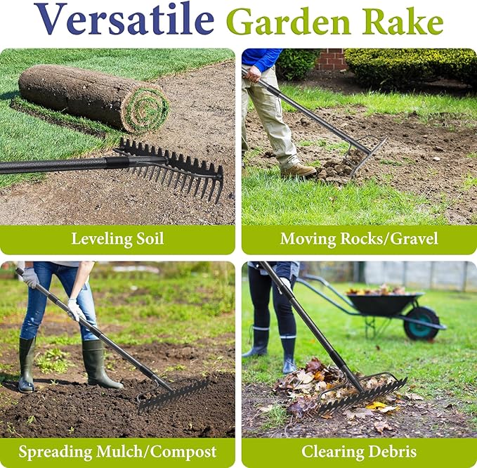 Adjustable Bow Rake Heavy Duty, Dual-Sided Steel Garden Rake Tool for Gathering Leaves, Pine Straw, Thatching, Breaking Up Soil, Leveling Gravel