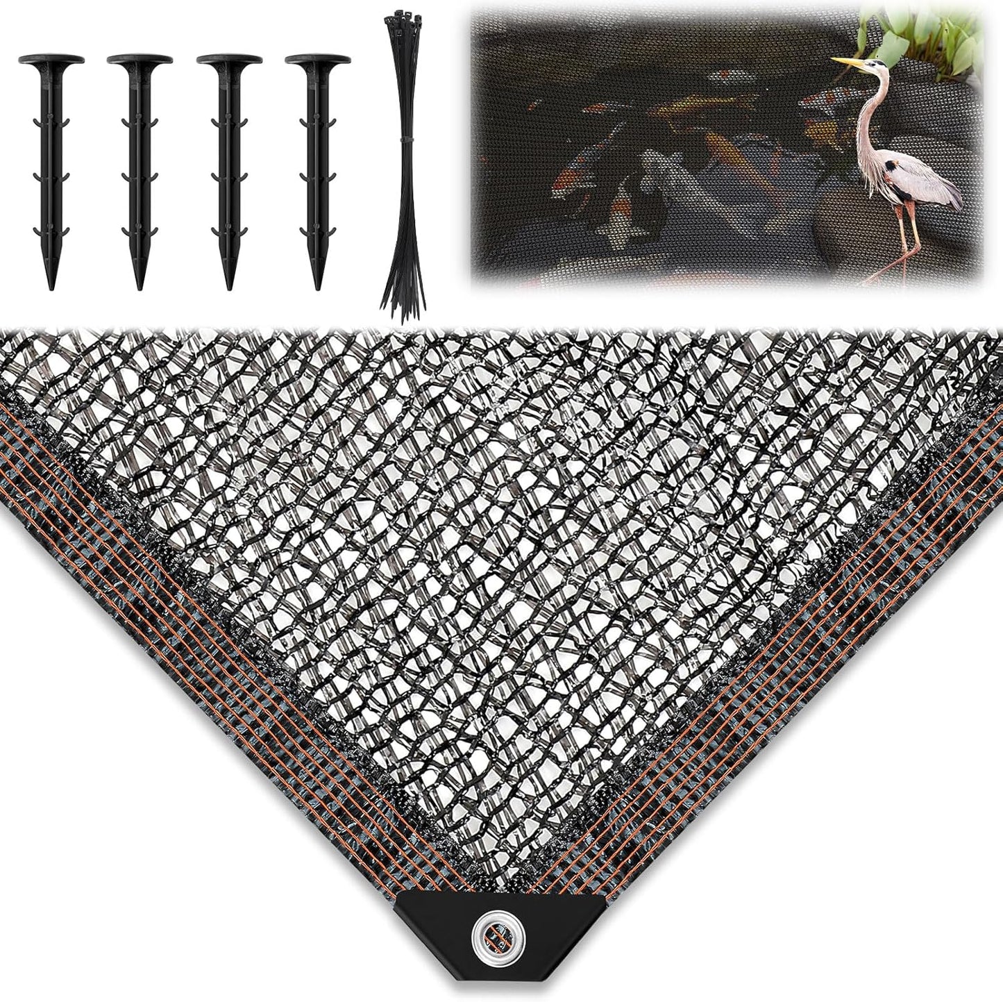 Koi Pond Netting Kit 19.7x19.7ft, Heavy-Duty Pe, Bird Deer Fence Netting, Durable Net Cover for Leaves, Protect Fish from Blue Heron Bird, Cat & Predator, Stakes & Ties Included
