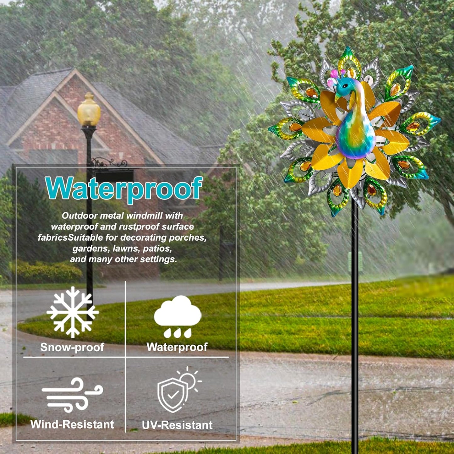Outdoor Peacock Wind Spinners Featuring Glittering Gem Decor, 13.5" D x 65" H Double Layer Kinetic Wind Sculptures, 360° Rotatable Metal Garden Wind Spinners for Yard and Outdoor Decor Blue