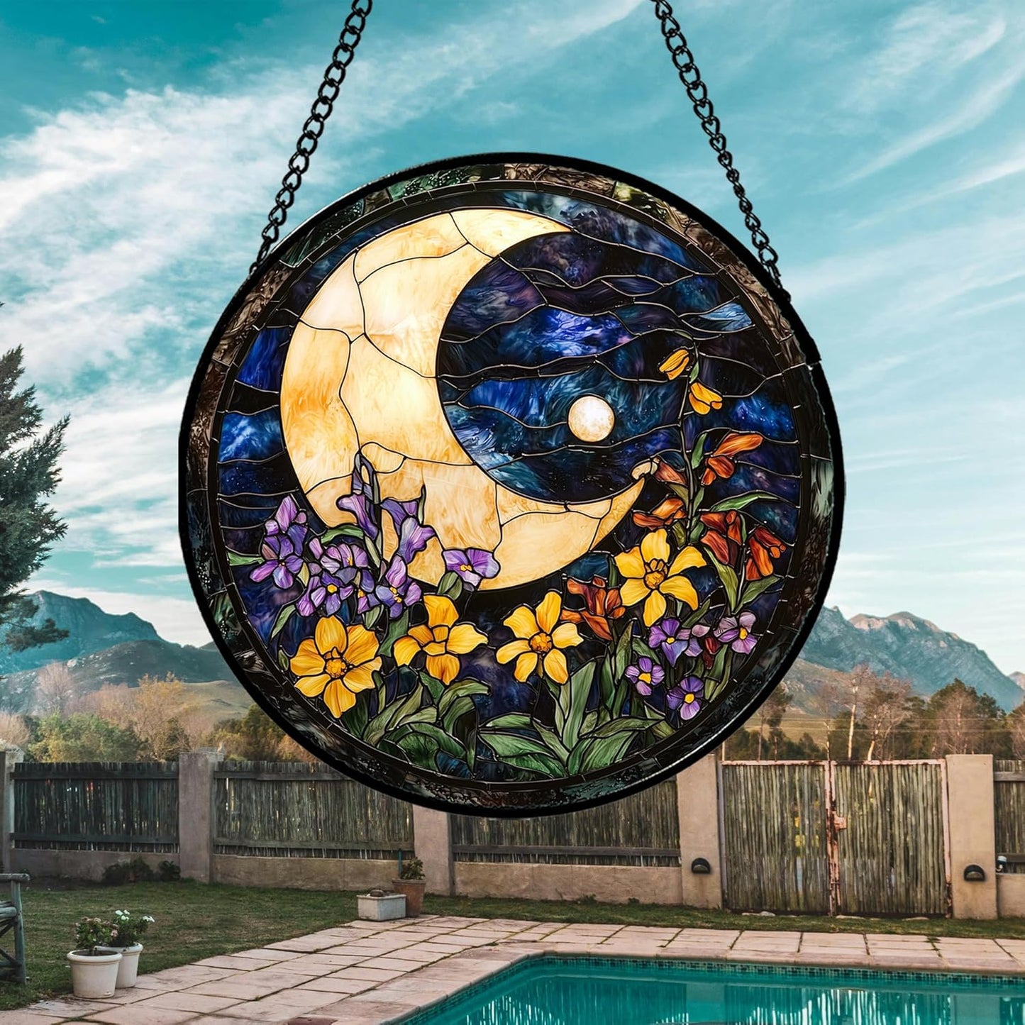 Stained Glass Window Hanging - Blue Night Sky Moon Suncatcher for Door Terrace Garden Home Decor Wildflowers Sun Catcher Birthday Gifts for Lovers Women Men Dad Mom Nana 15 in