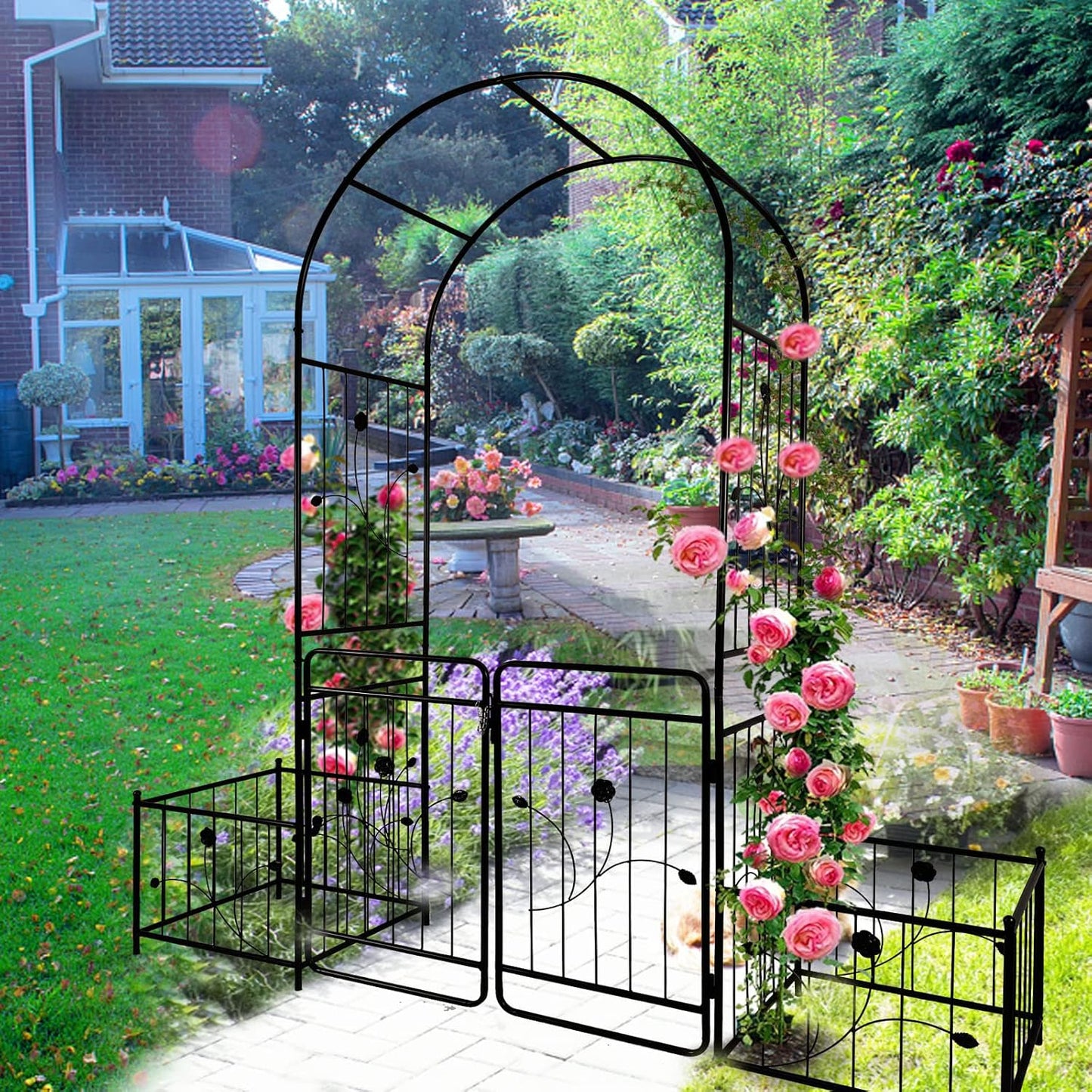 Metal Garden Arbor Arch with Gate and Plant Box Climbing Plants Outdoor Plant Support Rose 86.6''H Arch Outdoor Lawn Wedding Party Events Archway, Black