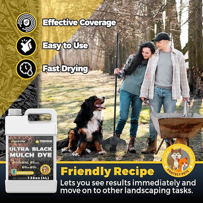 128oz Concentrated Ultra Black Mulch Dye with Gloves, Liquid Rubber Dye Spray Covers up to 14,400 Sq. Ft, Long-Lasting Finish Black Bark Paint for Mulch Restoration and Enhancement Landscaping