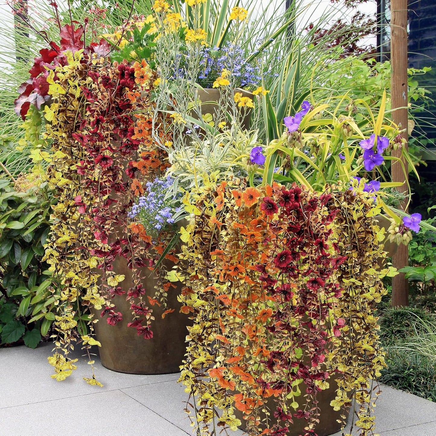 6 Pcs Artificial Fall Hanging Flowers Outdoor Silk Mum Plants Autumn Decor Faux Violet with Eucalyptus Realistic UV Resistant Trailing Vine Thanksgiving Porch Yard(Retro Color,Violet)