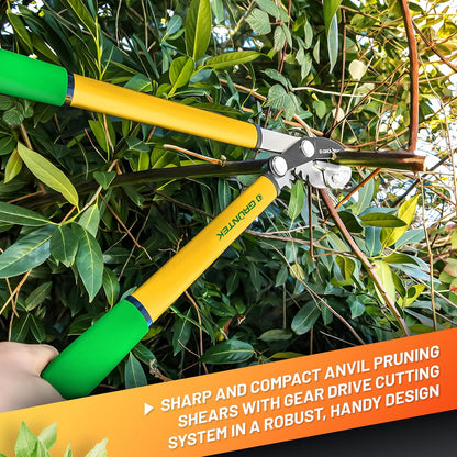GRÜNTEK Anvil Pruning Loppers GRIZZLY, 18.5" – Gear Drive Cutting System, Sharp Heavy Duty Tree Lopping Shears for Green & Dry Wood