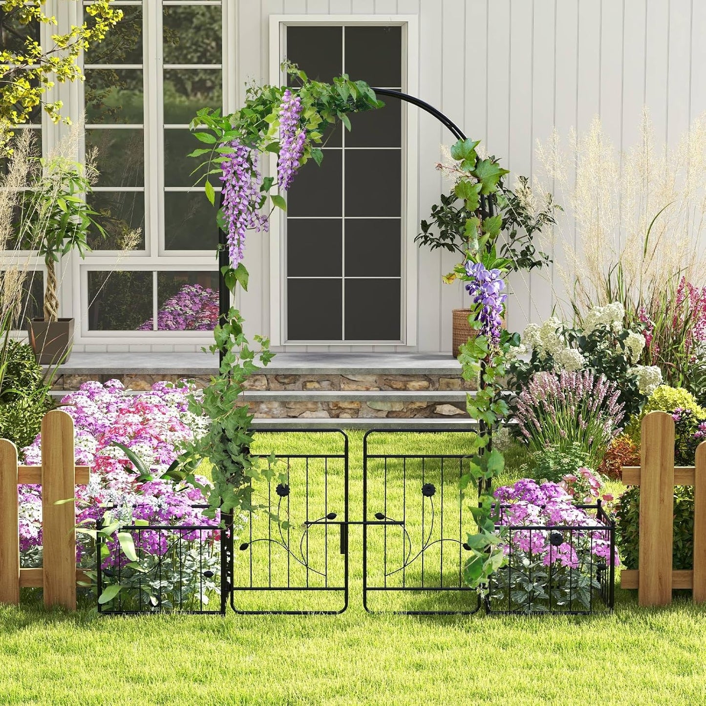Moccha Garden Arch with Gate and Planter Boxes - 87" Metal Arbor Trellis for Climbing Plants Rose Vine, Heavy-Duty Archway Pergola, Garden Arbor for Wedding Ceremony Decoration Lawn Patio Bridal Party