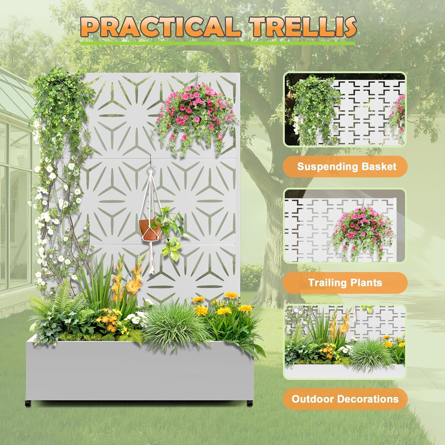 Metal Raised Garden Bed with Trellis, 2 in 1 Trellis with Planter Box & Privacy Screen for Climbing Plants, Vine, Outdoor Standing Flower Beds with Drainage Holes,47.2"L x 16.7"W x 70.8"H,(White-Star)