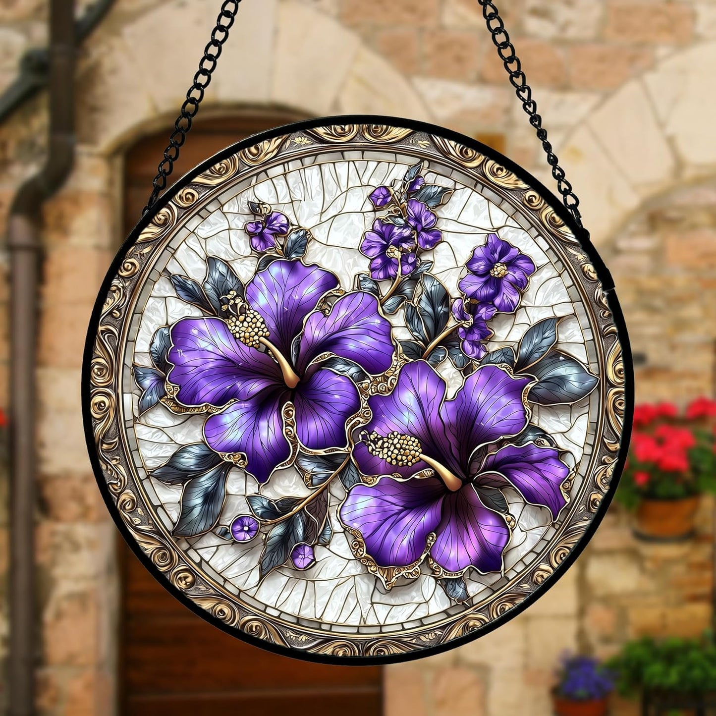 Stained Glass Window Hanging, Purple Flowers Romantic Suncatcher for Doors Home Sun Catchers Decoration and Christmas, Mother's Day Birthday Gifts for Women, Men, and Mom 11.8x11.8 in