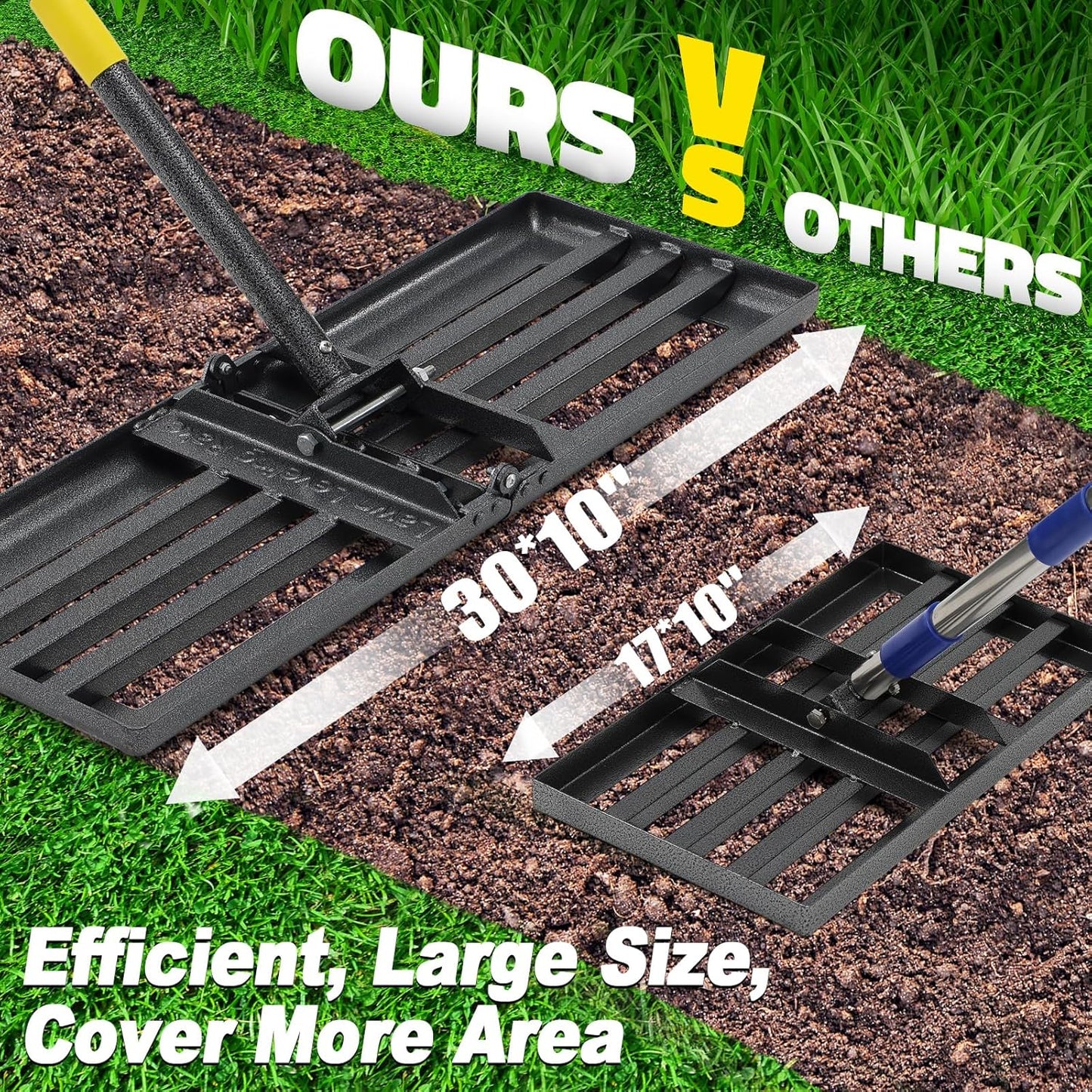 Lawn Leveling Rake, 30x10 Heavy Duty Leveler Tool for Yard, 5FT Garden Rakes for Lawns with Adjustable Handle, Foldable Leveling Rake for Soil Sand