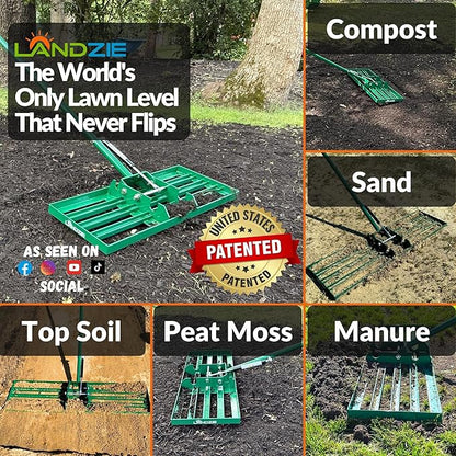 Landzie AeroLeveler - The Lawn Leveling Rake That Never Flips - Patented 24" inch Wide Pneumatic Lawn Level for Yard, Dirt, Soil, Sand, Provides Stability and Control (Pneumatic 24" Leveling rake)