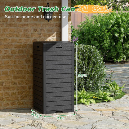 31 Gallon Outdoor Trash Can, Waterproof Resin Garbage Can with Lid and Drip Tray Easy Cleaning Kitchen Waste Bin Patio Waste Bin for Garden, Backyard, Deck and Office, Black