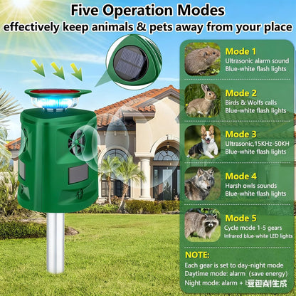 360°Solar Ultrasonic Animal Repellent, Deer Repellent Devices Cat Repellent Outdoor, Waterproof Squirrel Raccoon Rabbit Skunk Dog & Bird Deterrent with Motion Sensor & Flashing Light for Garden Yard