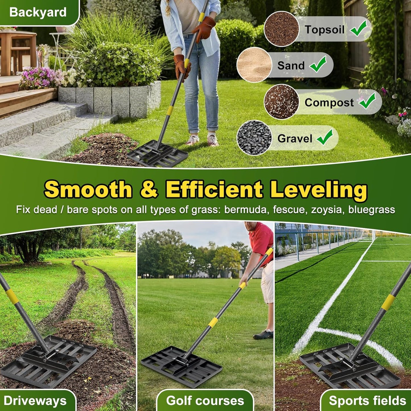 Lawn Leveling Rake: Anti Flipping 17" x 10" Stainless Steel Lawn Ground Leveler for Soil, Heavy Duty Grass Top Soil Dressing Leveling Rake, Home Lawn,Golf Field,Yard Landscaping Tool, 60” Long Handle