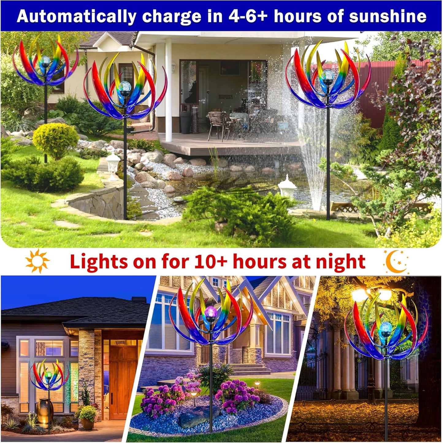Wind Spinners Outdoor for Yard and Garden - Wind Sculptures & Spinners,70 Inch Wind Spinner with Solar Powered Multi-Color Glass Ball Light for Yard Garden Backyard Lawn Decorations